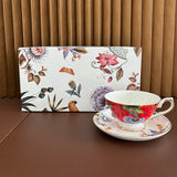 luxury bone china teacup and saucer set floral pattern with full gold handle elegant red & blue options for afternoon  coffee