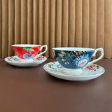 luxury bone china teacup and saucer set floral pattern with full gold handle elegant red & blue options for afternoon  coffee