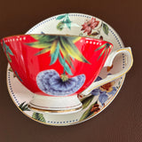 luxury bone china teacup and saucer set floral pattern with full gold handle elegant red & blue options for afternoon  coffee