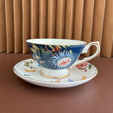 luxury bone china teacup and saucer set floral pattern with full gold handle elegant red & blue options for afternoon  coffee