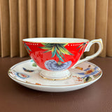 luxury bone china teacup and saucer set floral pattern with full gold handle elegant red & blue options for afternoon  coffee