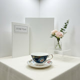 luxury bone china teacup and saucer set floral pattern with full gold handle elegant red & blue options for afternoon  coffee