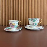 luxury bone china teacup and saucer set floral pattern with full gold handle elegant red & blue options for afternoon  coffee