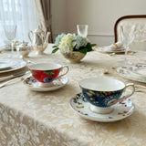 luxury bone china teacup and saucer set floral pattern with full gold handle elegant red & blue options for afternoon  coffee