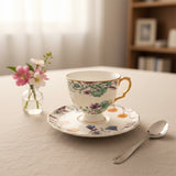 luxury bone china teacup and saucer set floral pattern with full gold handle elegant red & blue options for afternoon  coffee
