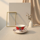 luxury bone china teacup and saucer set floral pattern with full gold handle elegant red & blue options for afternoon  coffee