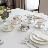 luxury bone china teacup and saucer set floral pattern with full gold handle elegant red & blue options for afternoon  coffee