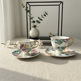 luxury bone china teacup and saucer set floral pattern with full gold handle elegant red & blue options for afternoon  coffee