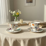 luxury bone china teacup and saucer set floral pattern with full gold handle elegant red & blue options for afternoon  coffee