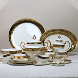 embossed gold 20 people luxurious designs， noble and elegant souptureen tea pot cup and saucer dinner ware set fine bone china