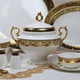 embossed gold 20 people luxurious designs， noble and elegant souptureen tea pot cup and saucer dinner ware set fine bone china